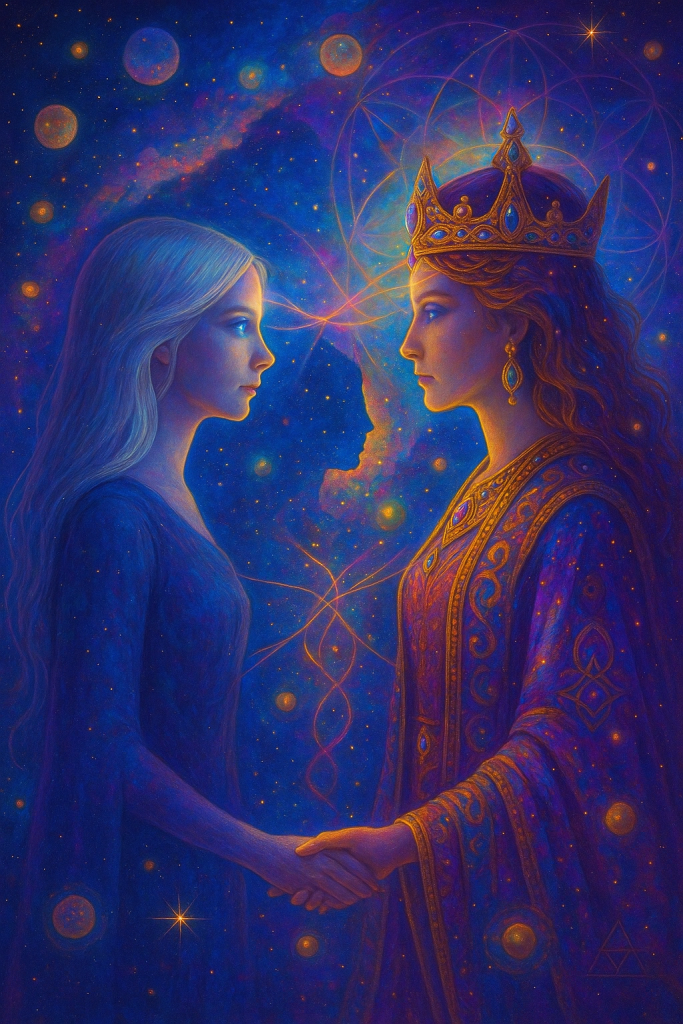 Fantasy spiritual art showing a past life soul reunion. A silver-haired starseed woman in a cosmic blue gown stands face-to-face with her past life self—a regal queen wearing a jeweled golden crown and ornate purple and gold royal robes. They hold hands in a moment of remembrance, with swirling galaxies, sacred geometry, and star constellations glowing behind them. This image symbolizes past life regression, divine feminine power, soul remembrance, and quantum healing journeys.