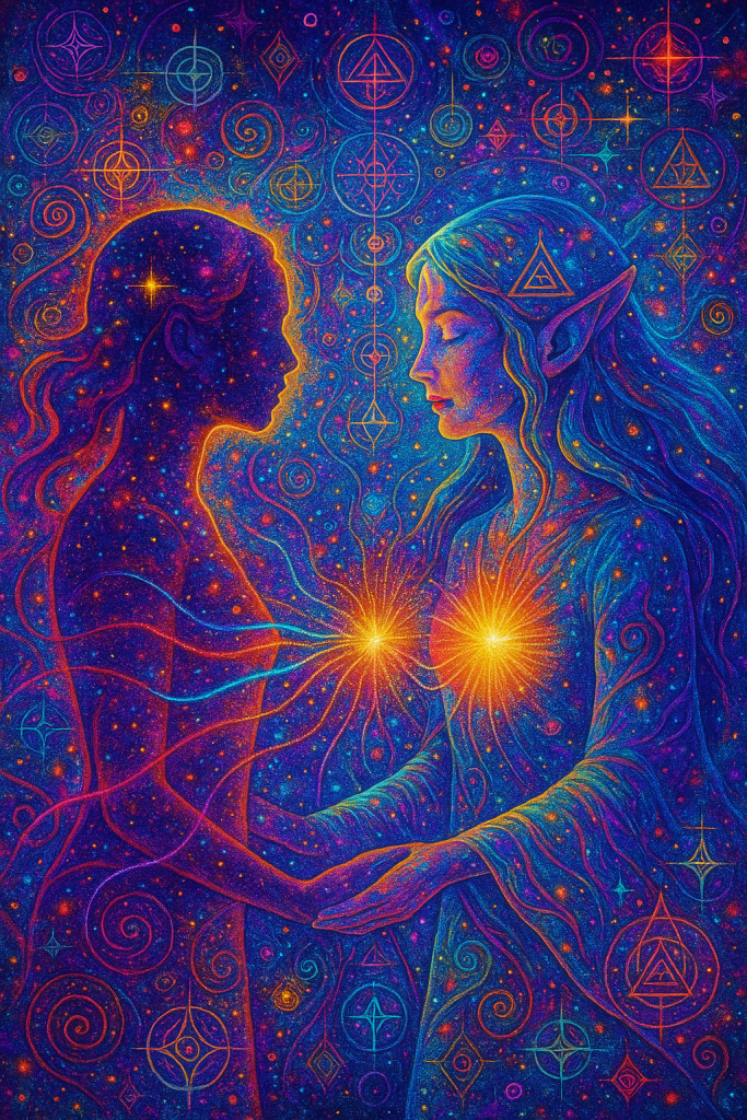 Psychedelic spiritual art showing a past life soul connection. A glowing human silhouette on the left and a luminous elven starseed woman with pointed ears on the right gaze at each other. Both have radiant golden light at their heart chakras, with colorful energy lines and sacred geometry symbols between them. This visionary artwork represents twin flame connection, soul remembrance, and quantum healing journeys.