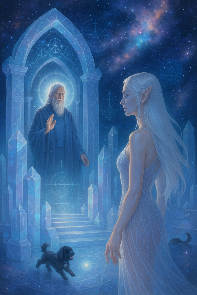 Spiritual fantasy art showing a past life soul encounter in a crystal temple. A silver-haired starseed woman with elf-like features and a flowing dress stands before an elderly priest or spiritual guide with a long white beard, dressed in blue robes and surrounded by glowing sacred geometry symbols. The scene is set within a crystalline temple under a cosmic starry sky, with light beams and portals in the background. A small black and white dog stands near her, symbolizing protection and guidance. This visionary artwork represents meeting a spiritual guide, past life regression, soul remembrance, and quantum healing.