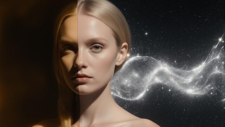 split portrait of woman half bathed in warm golden light, half dissolving into a cosmic field of silver stars and frequency of light. representing the threshold between the conscious mind and the quantum field.