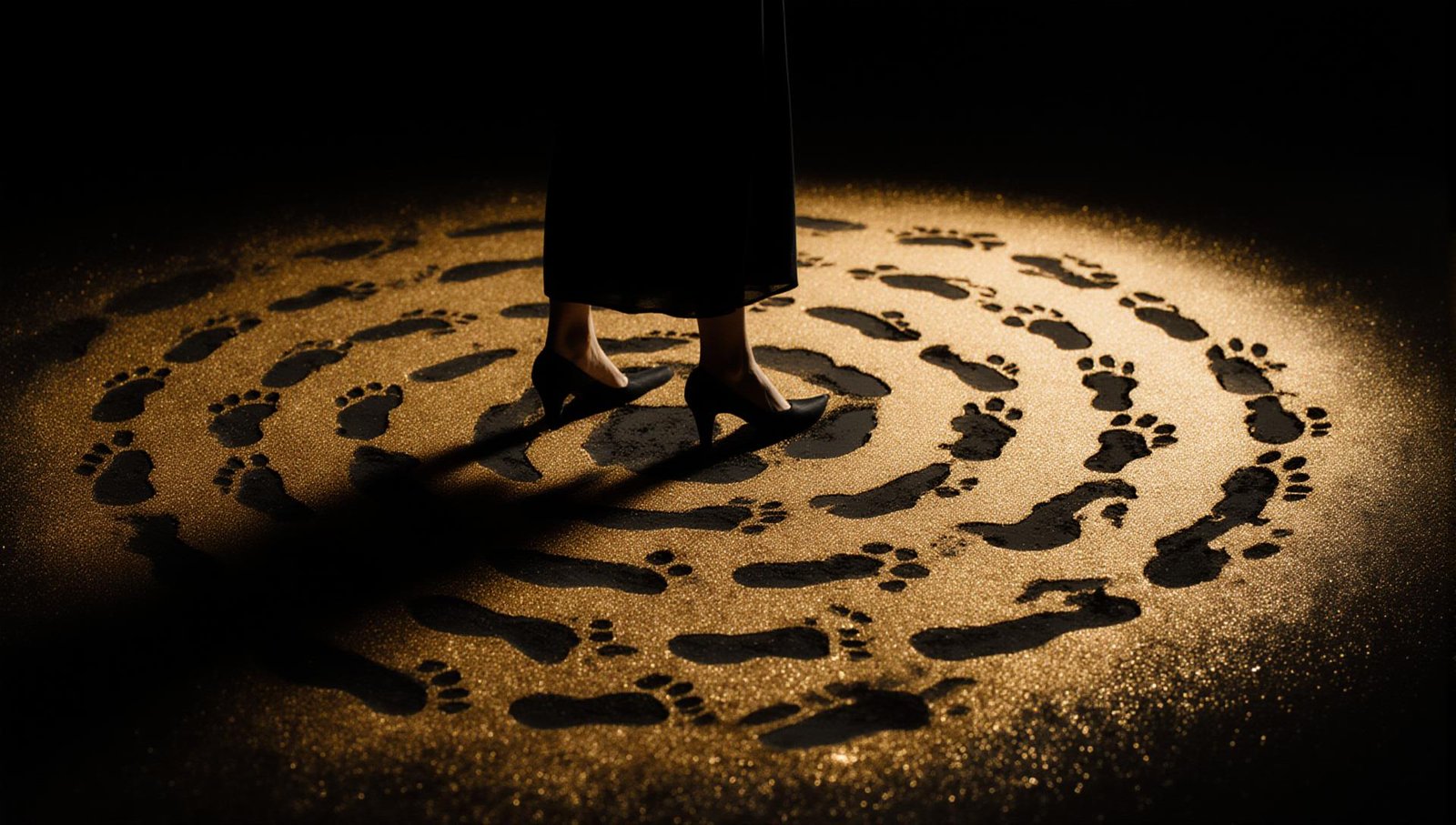 Woman in heels standing at the center of a spiral of repeating footprints in glittering gold sand, a symbol of subconscious relationship patterns